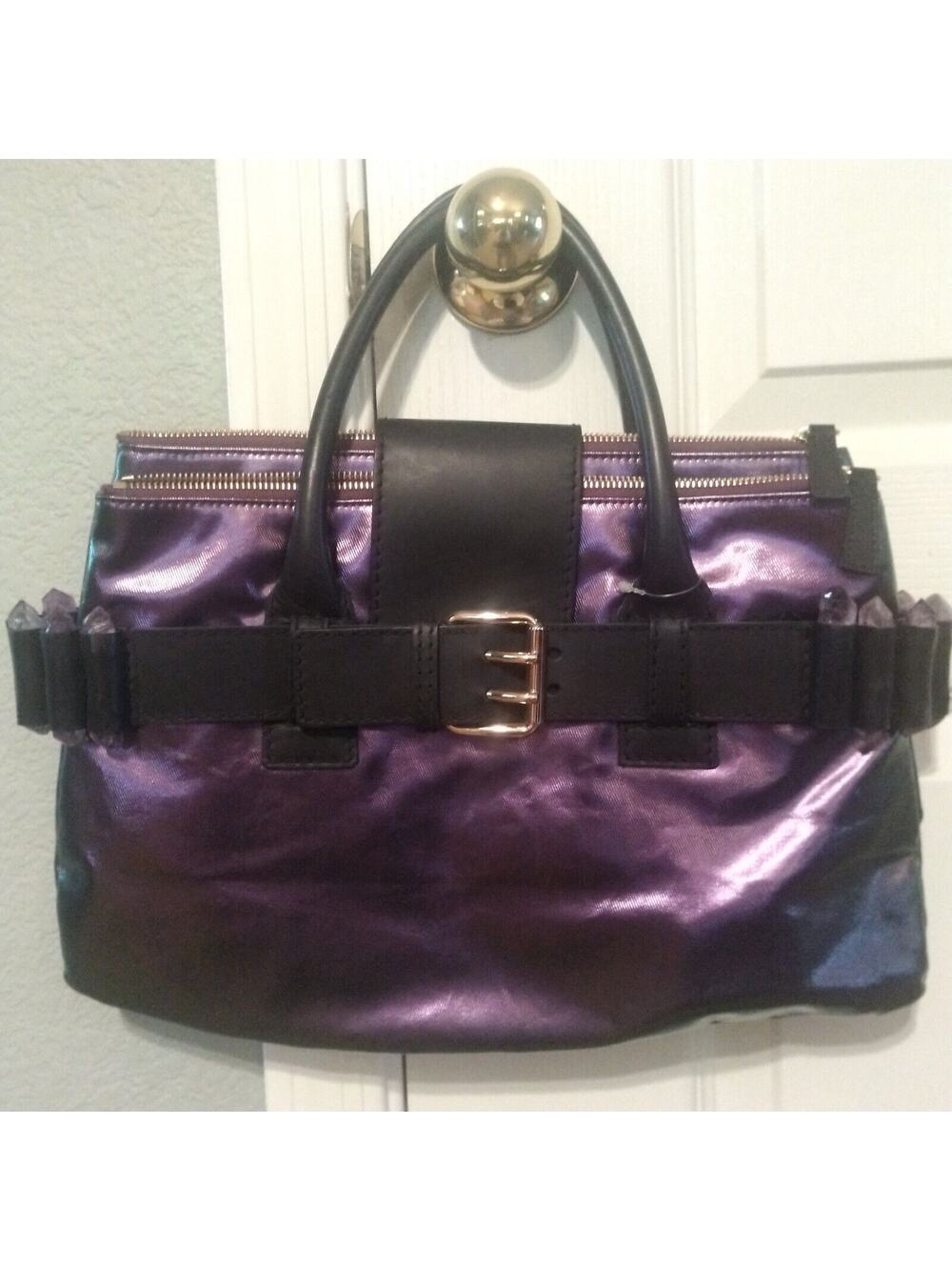 Ports 1961 Purple Metallic Leather Messenger Hand Bag Purse w/ Stone Accent
